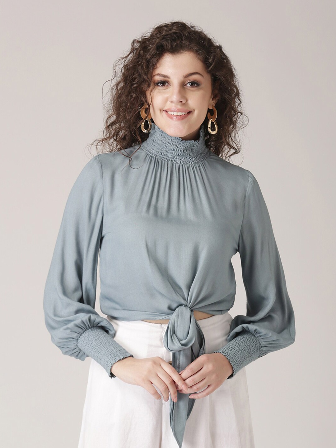

DressBerry Women Grey Solid Waist Tie-Up Liva Top