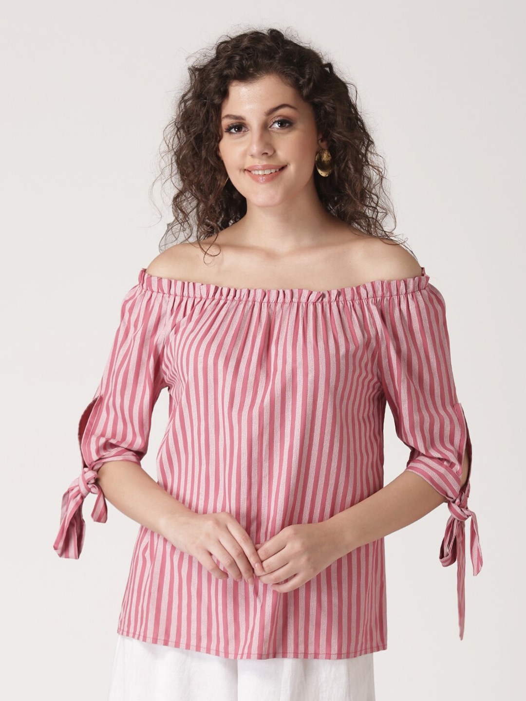 

DressBerry Women Pink Striped Off-Shoulder Bardot Top