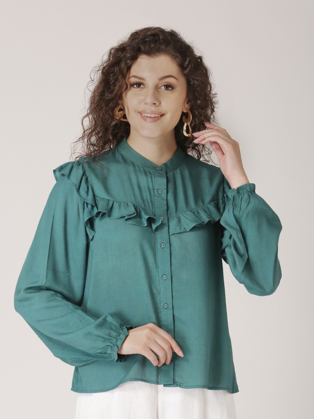 

DressBerry Green Mandarin Collar Shirt Style Top