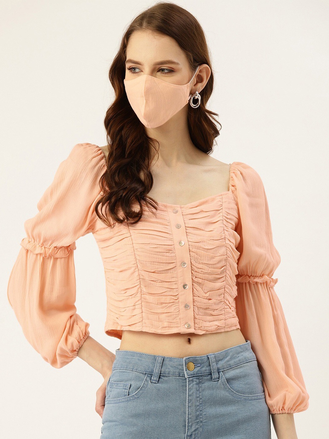 

DressBerry Peach-Coloured Solid Gathered Puff Sleeves Crop Top