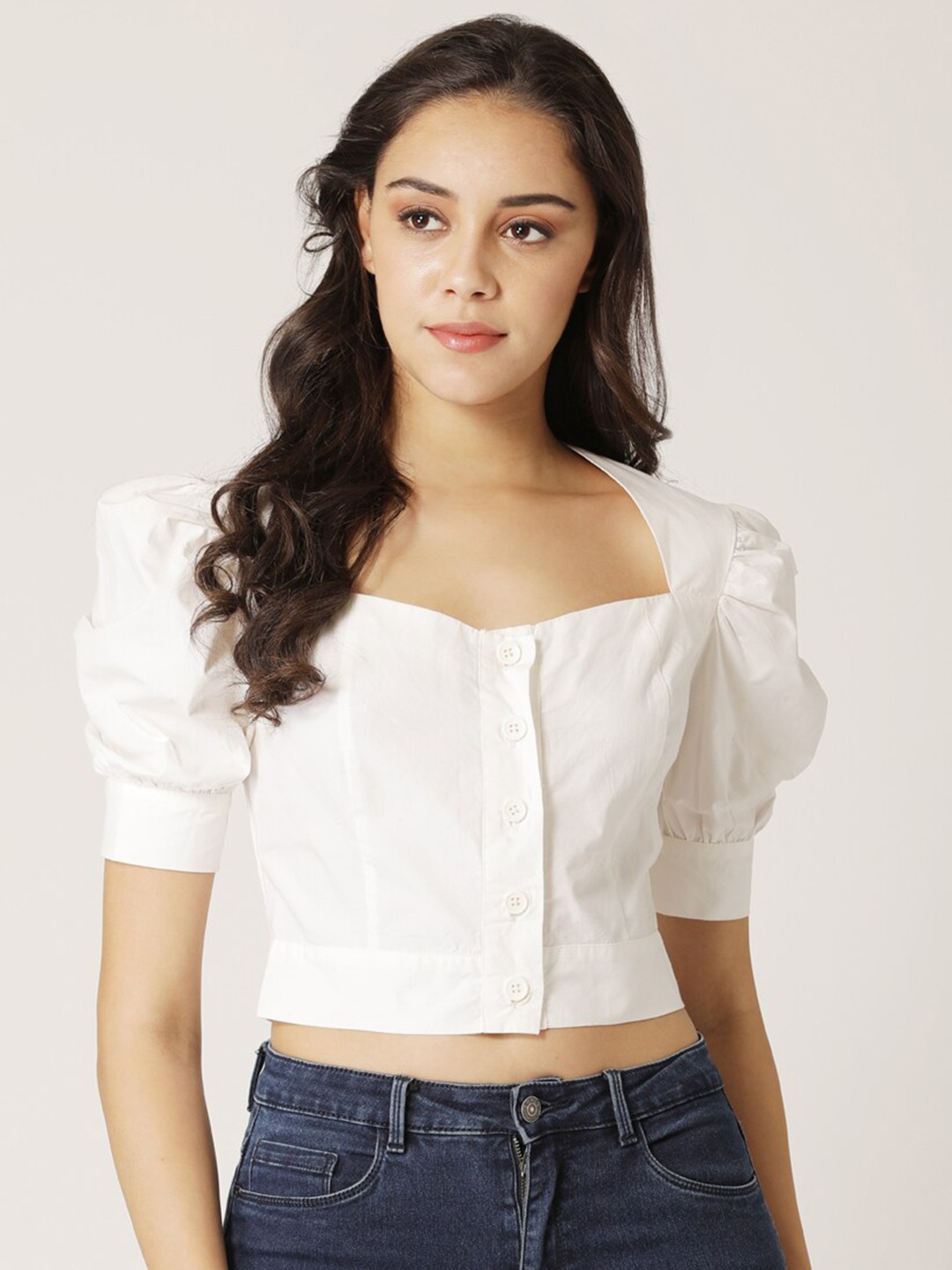 

DressBerry Women Off White Solid Cotton Crop Top