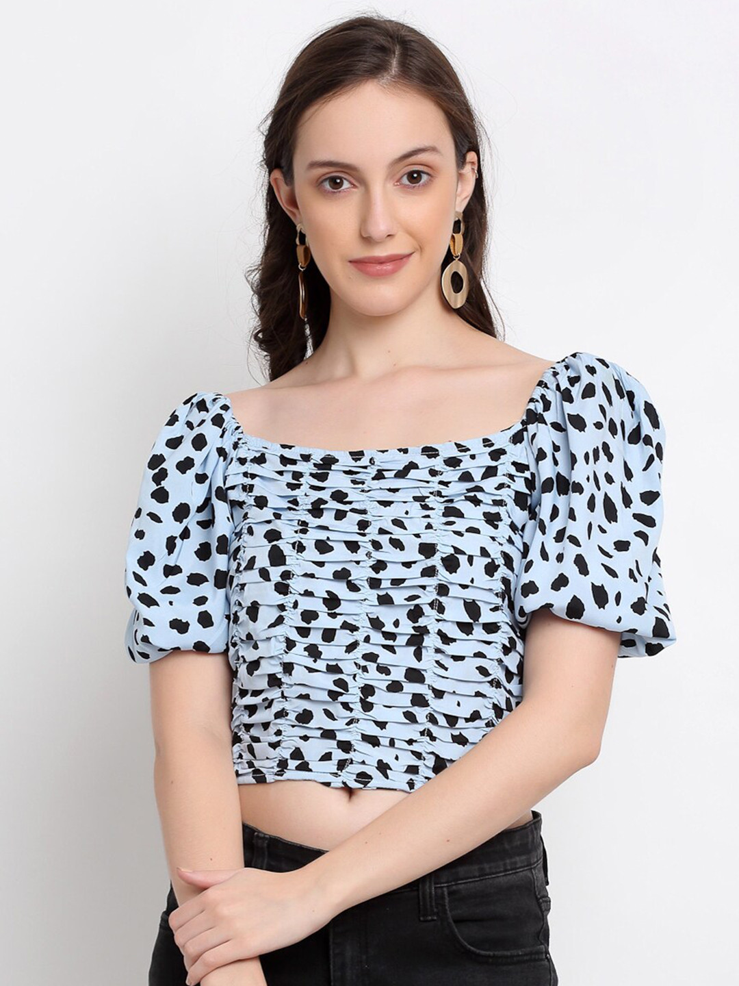 

DressBerry Women Blue & Black Print Bardot Crop Top