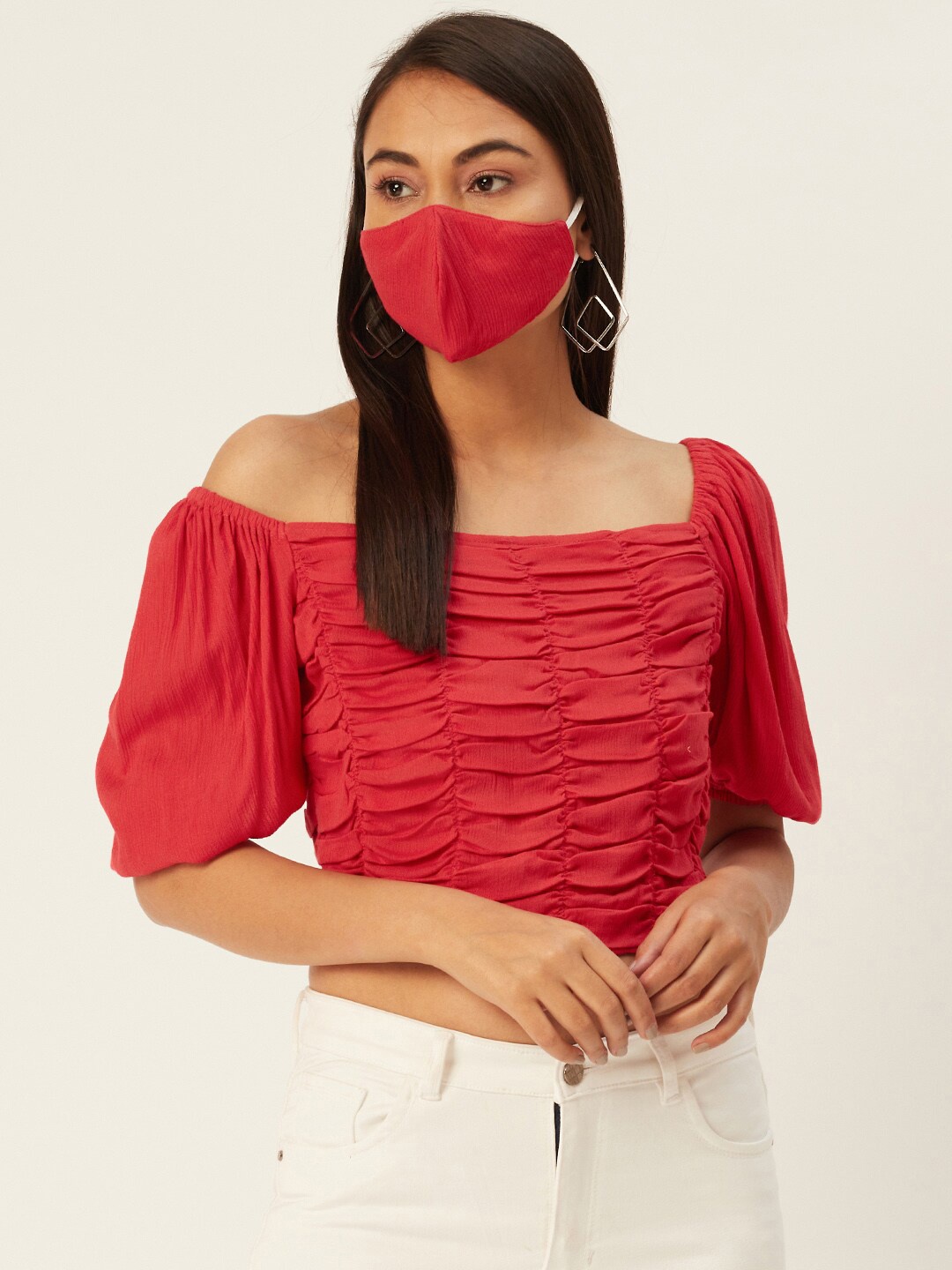 

DressBerry Red Solid Crepe Crop Top