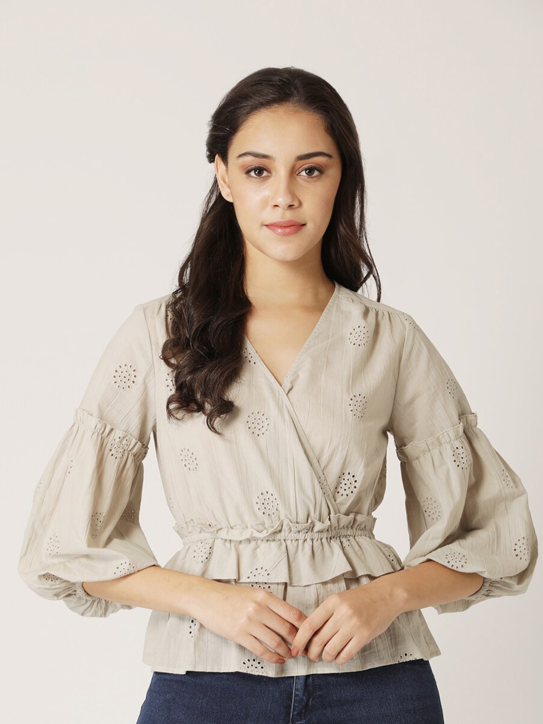 

DressBerry Olive Green Pure Cotton Schiffli Cinched Waist Top