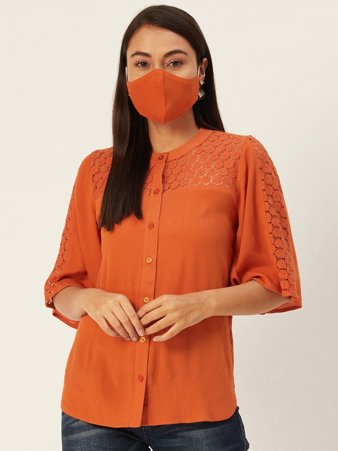 

DressBerry Brown Mandarin Collar Shirt Style Top