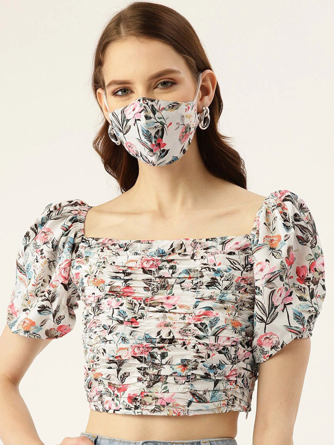 

DressBerry White & Pink Floral Print Crepe Crop Top