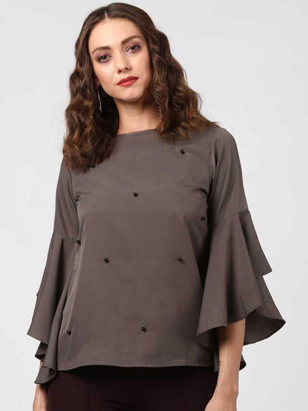 

DressBerry Women Grey Pearl Studded Top