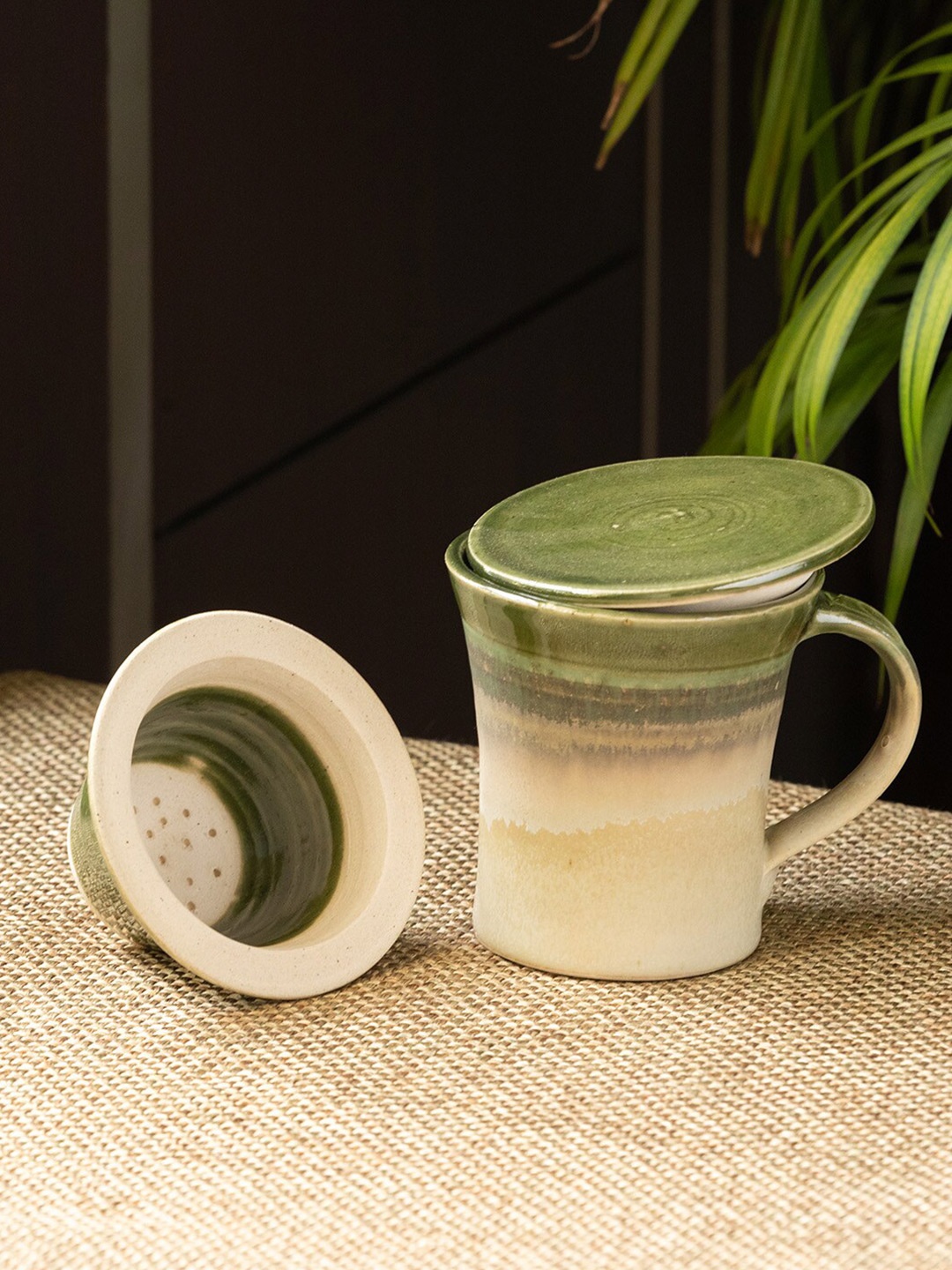 

ExclusiveLane Green & Cream Dishwasher And Microwave Safe Ceramic Glossy Mug 240 ml