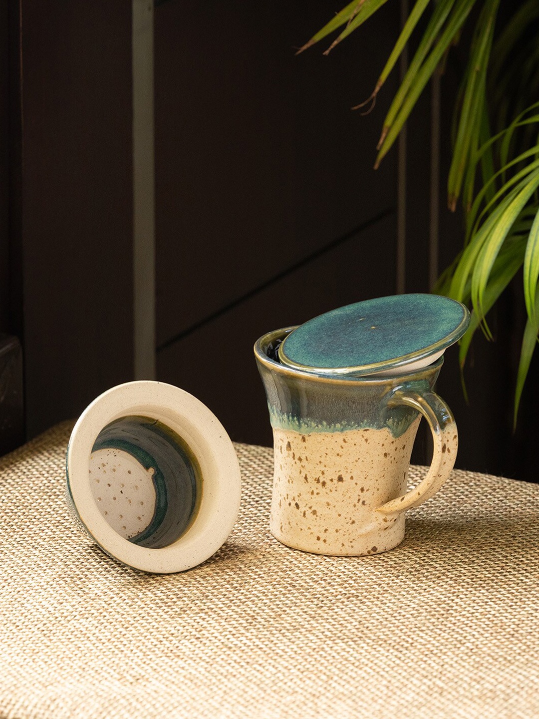 

ExclusiveLane puducherry mornings Turquoise Blue Safe Ceramic Filter Mug 240 ml
