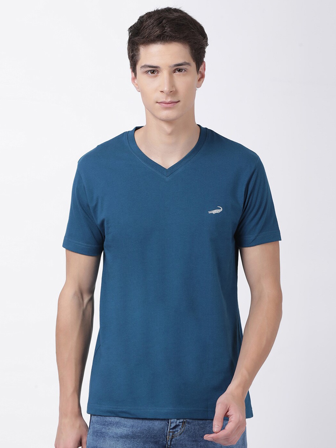 

Crocodile Men Teal V-Neck T-shirt