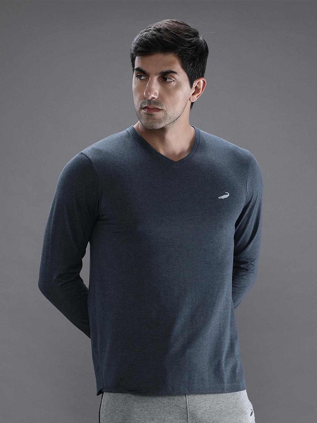 

Crocodile Men Blue V-Neck Cotton T-shirt