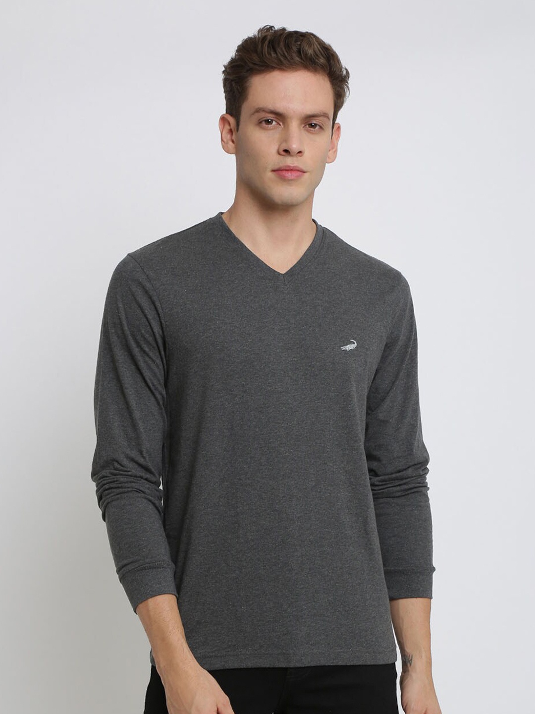 

Crocodile Men Grey V-Neck Cotton T-shirt
