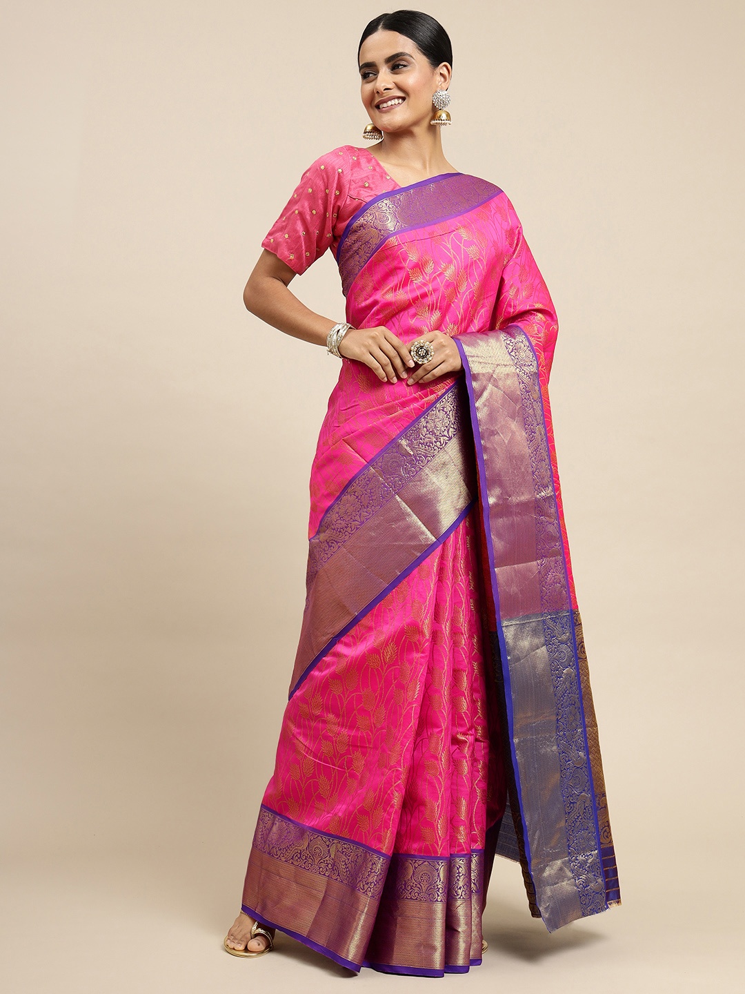 

Royal Rajgharana Saree Pink Ethnic Motifs Silk Blend Banarasi Sarees