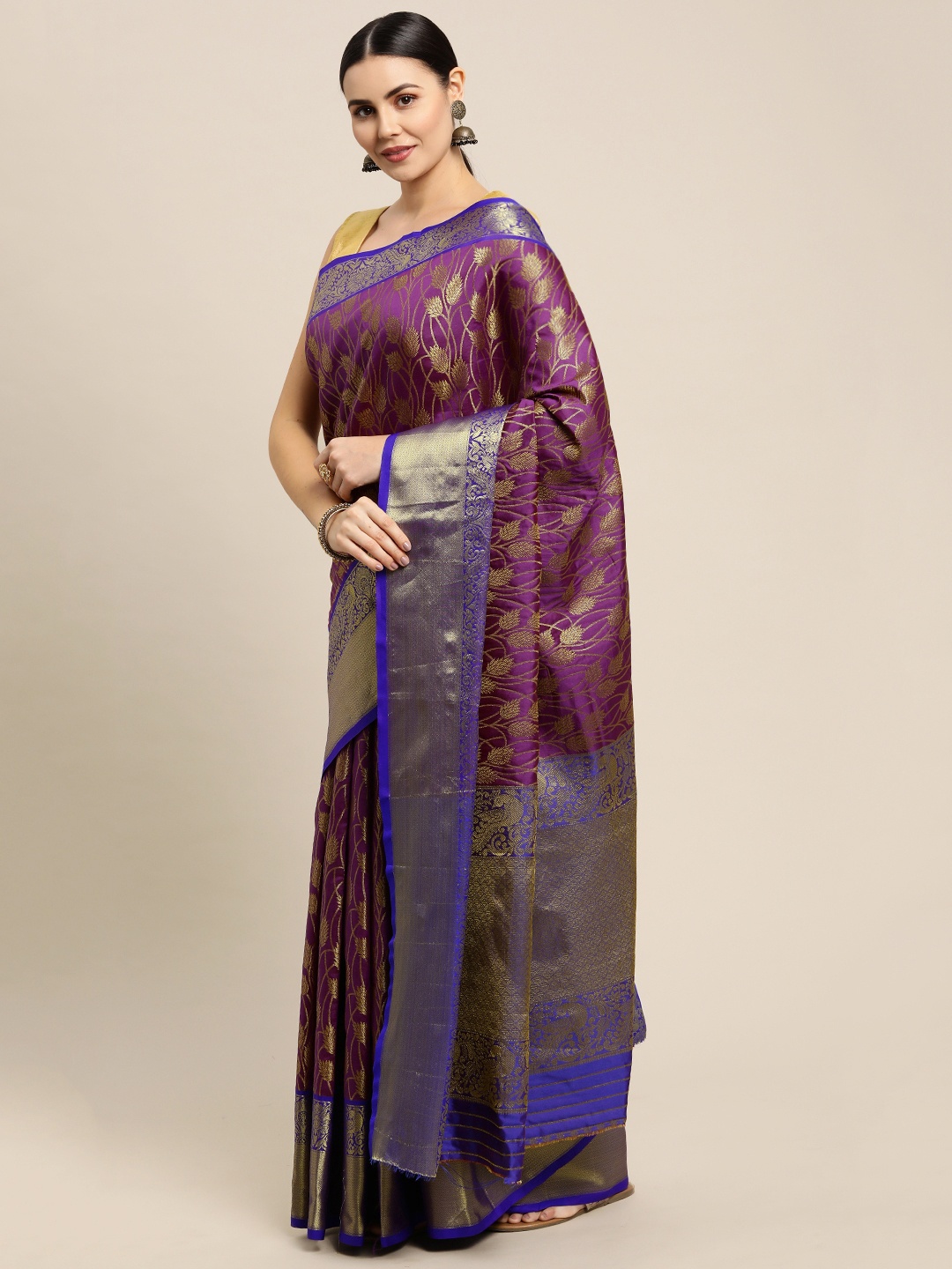 

Royal Rajgharana Saree Purple & Gold Floral Zari Silk Blend Celebrity Banarasi Sarees