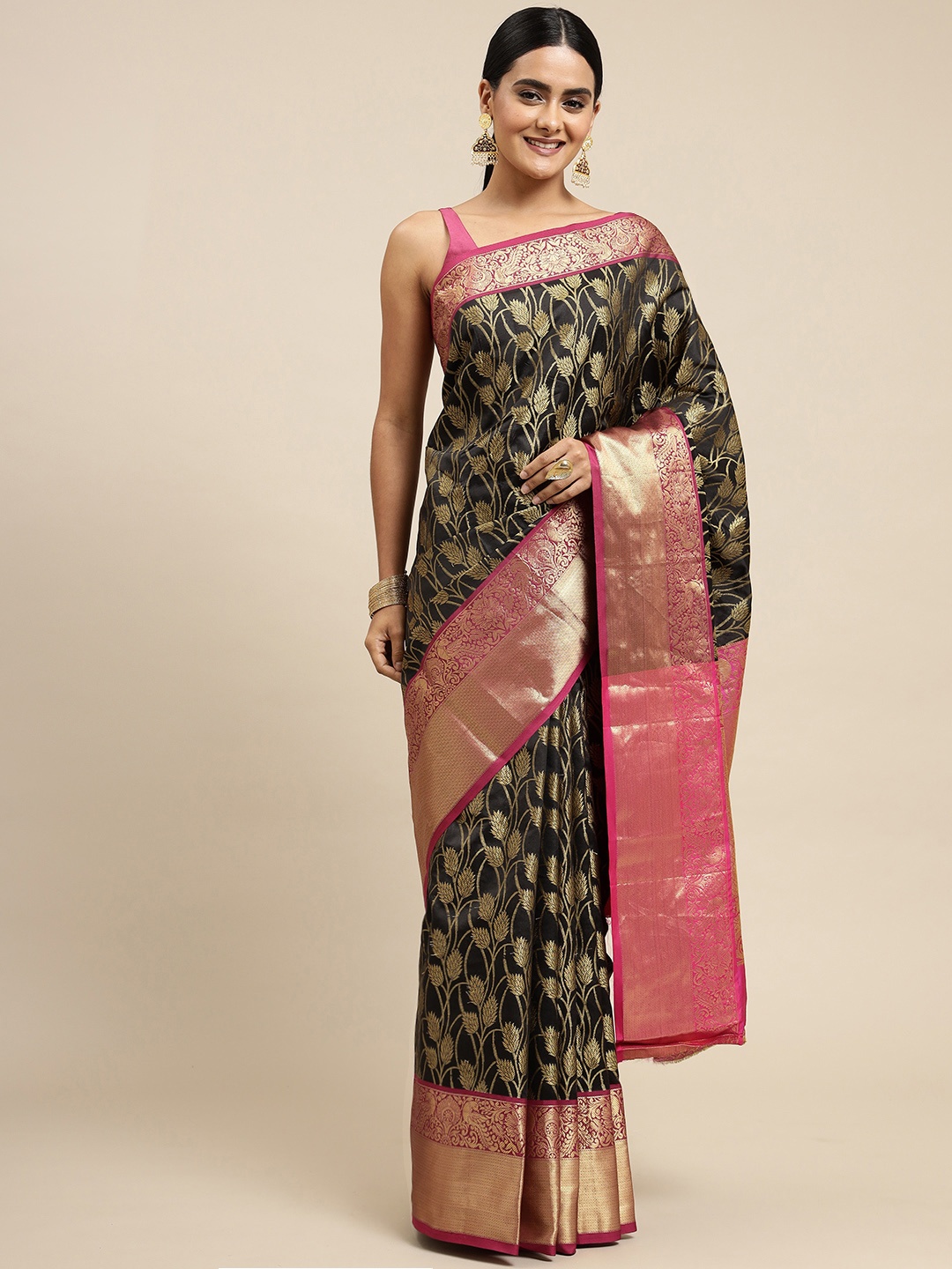 

Royal Rajgharana Saree Black & Pink Ethnic Motifs Silk Blend Banarasi Sarees