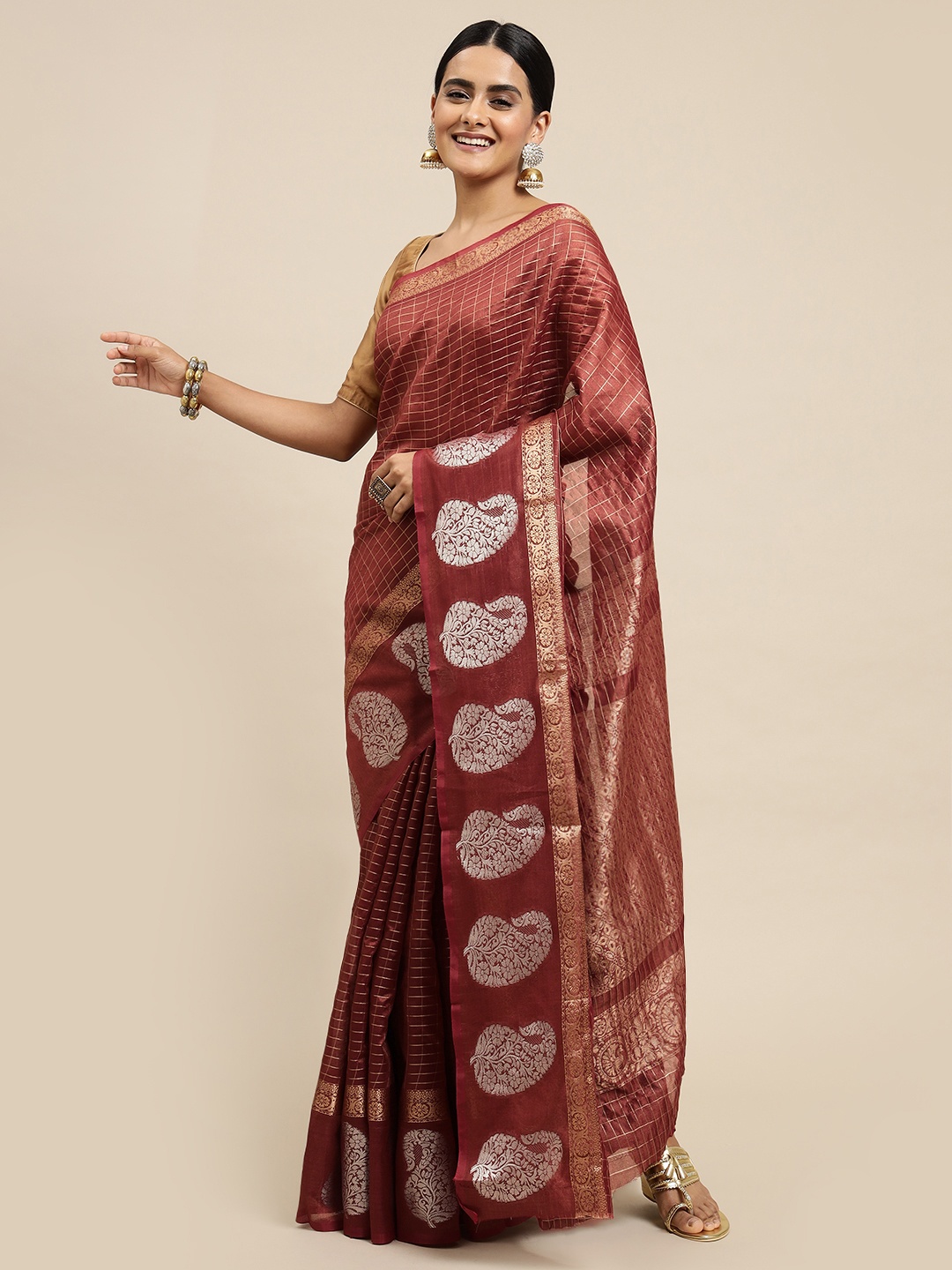 

Royal Rajgharana Saree Maroon Woven Design Zari Linen Blend Banarasi Sarees