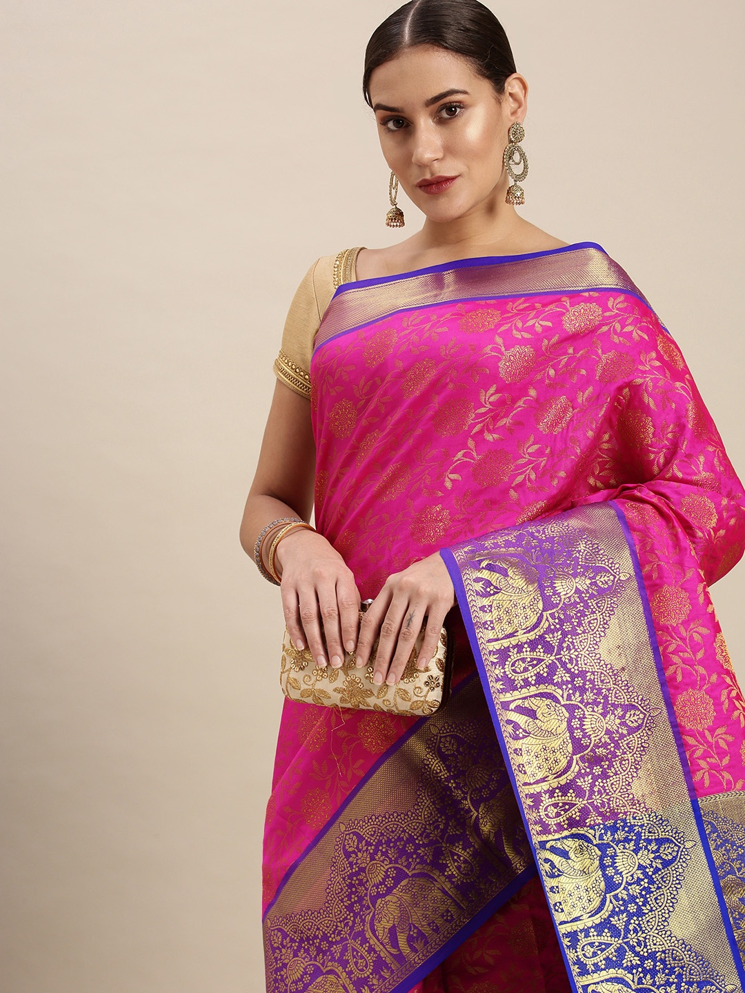 

Royal Rajgharana Saree Pink & Gold-Toned Floral Zari Silk Blend Celebrity Banarasi Sarees