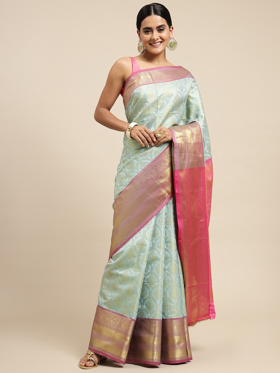 

Royal Rajgharana Saree Green Ethnic Motifs Silk Blend Banarasi Sarees