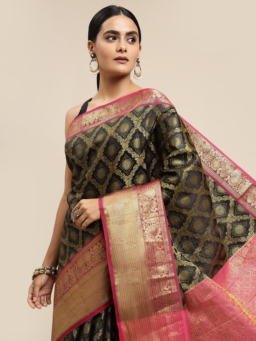 

Royal Rajgharana Saree Black & Pink Woven Design Zari Silk Blend Banarasi Sarees
