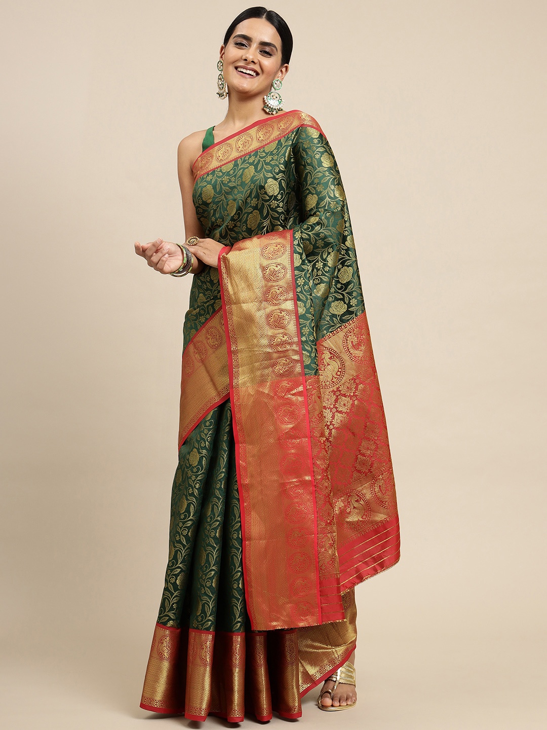 

Royal Rajgharana Saree Green Woven Design Zari Silk Blend Banarasi Sarees