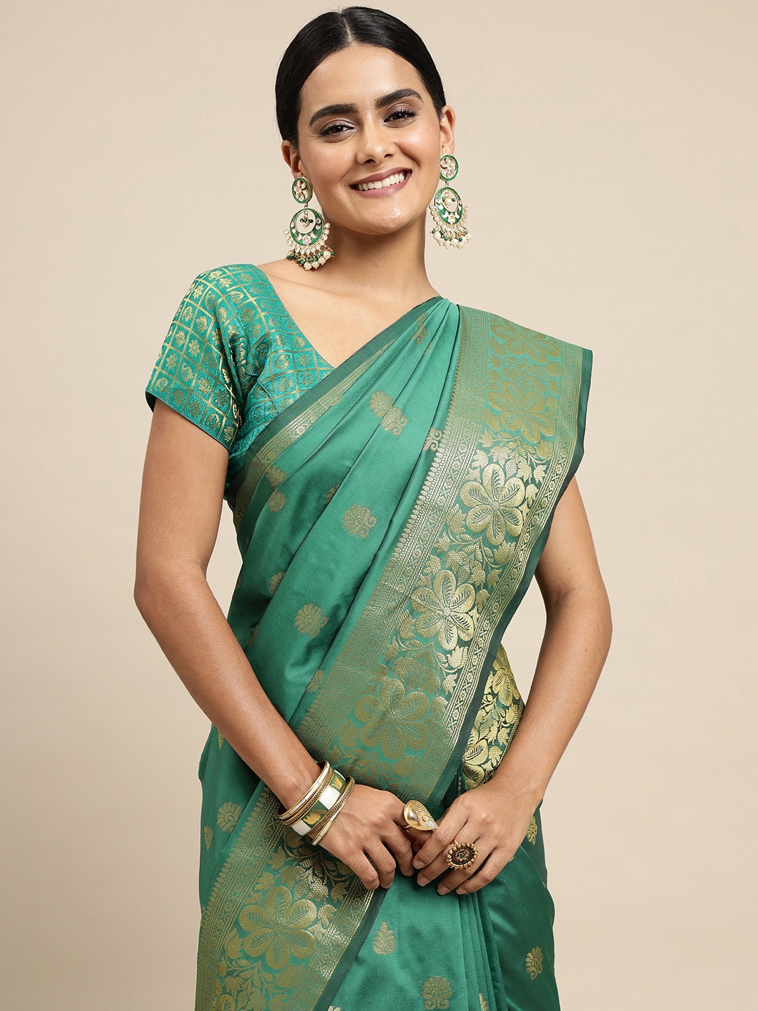 

Royal Rajgharana Saree Green Woven Design Zari Silk Blend Banarasi Sarees