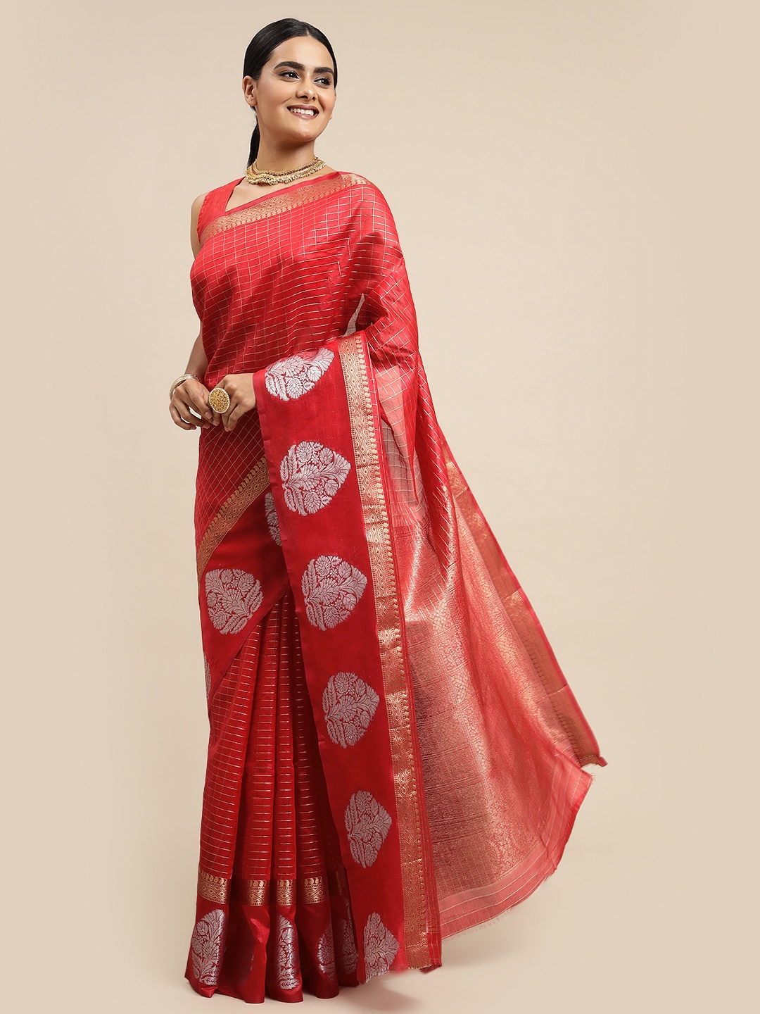 

Royal Rajgharana Saree Red Woven Design Zari Linen Blend Banarasi Sarees