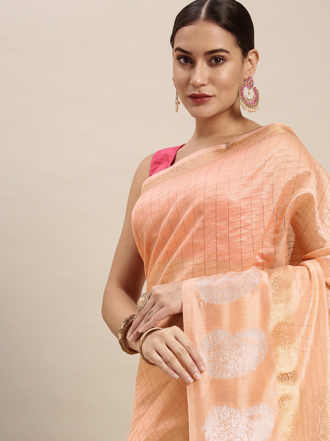 

Royal Rajgharana Saree Peach-Coloured Woven Zari Linen Blend Celebrity Banarasi Sarees