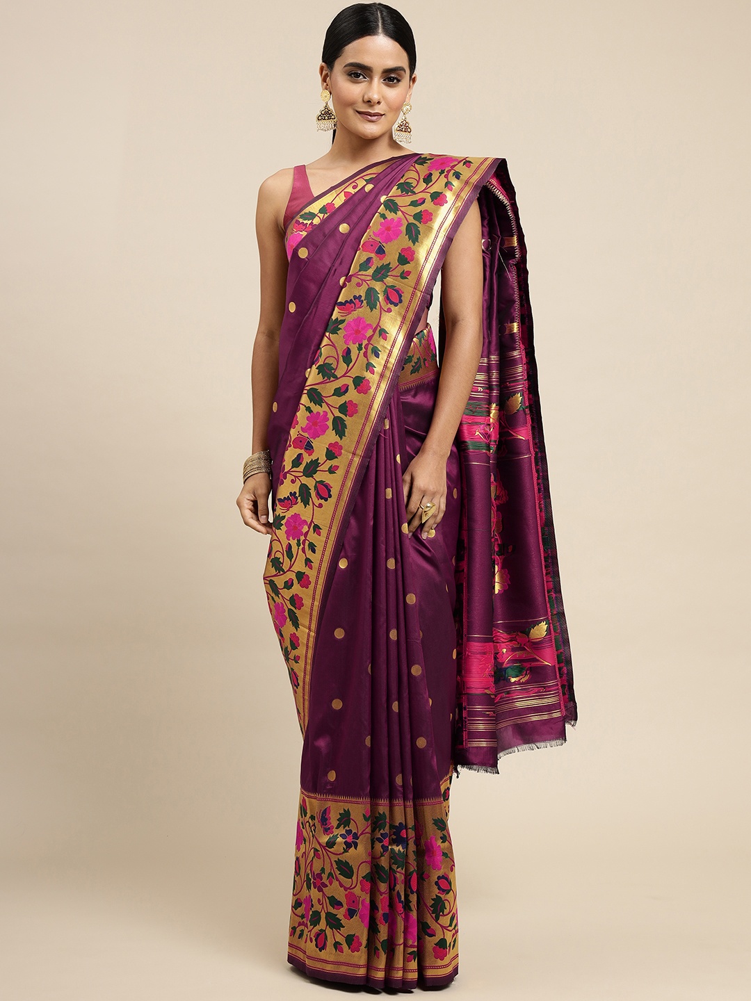 

Royal Rajgharana Saree Purple Ethnic Motifs Silk Blend Paithani Sarees