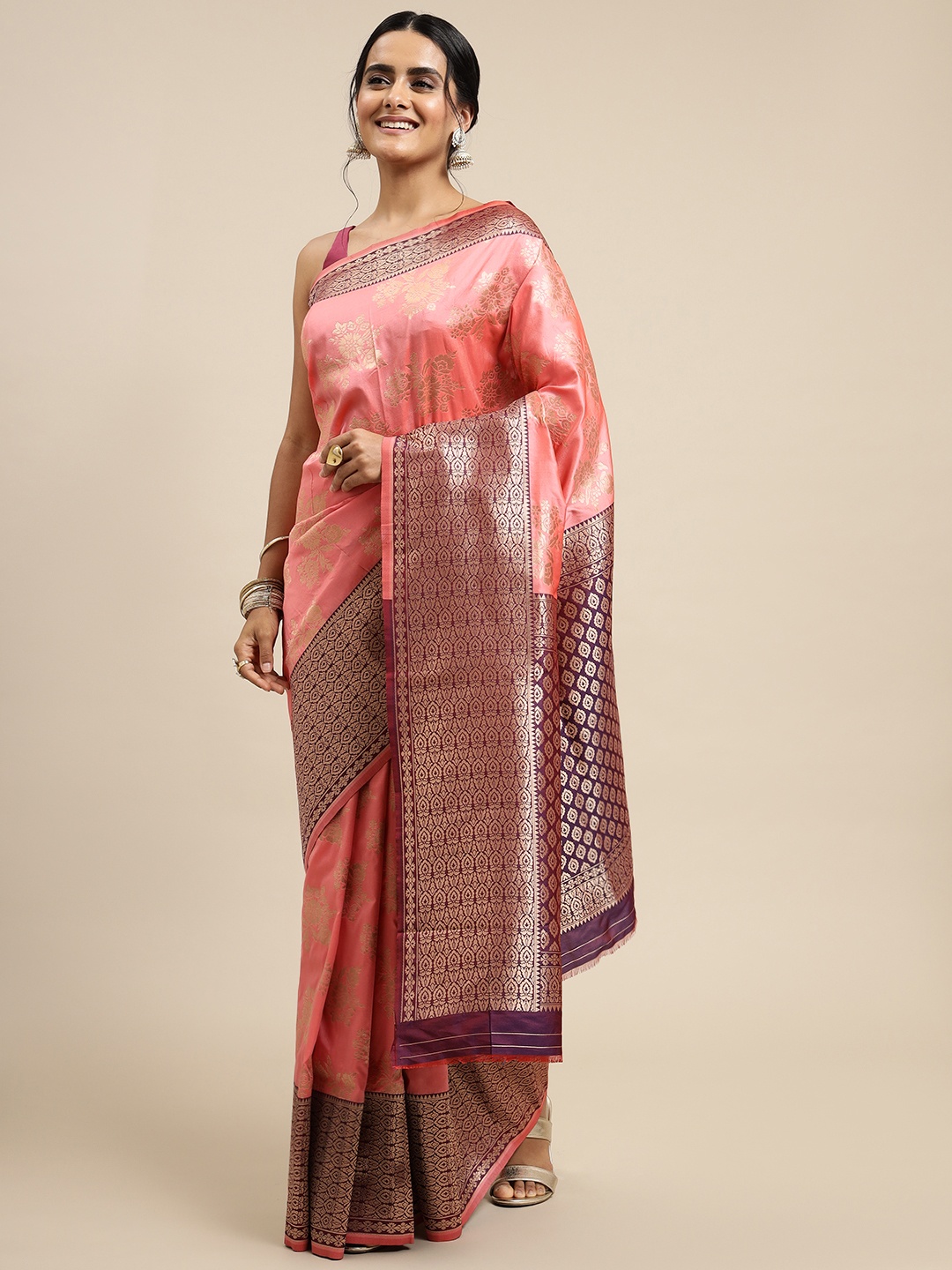 

Royal Rajgharana Saree Peach-Coloured & Purple Woven Design Zari Silk Blend Banarasi Sarees