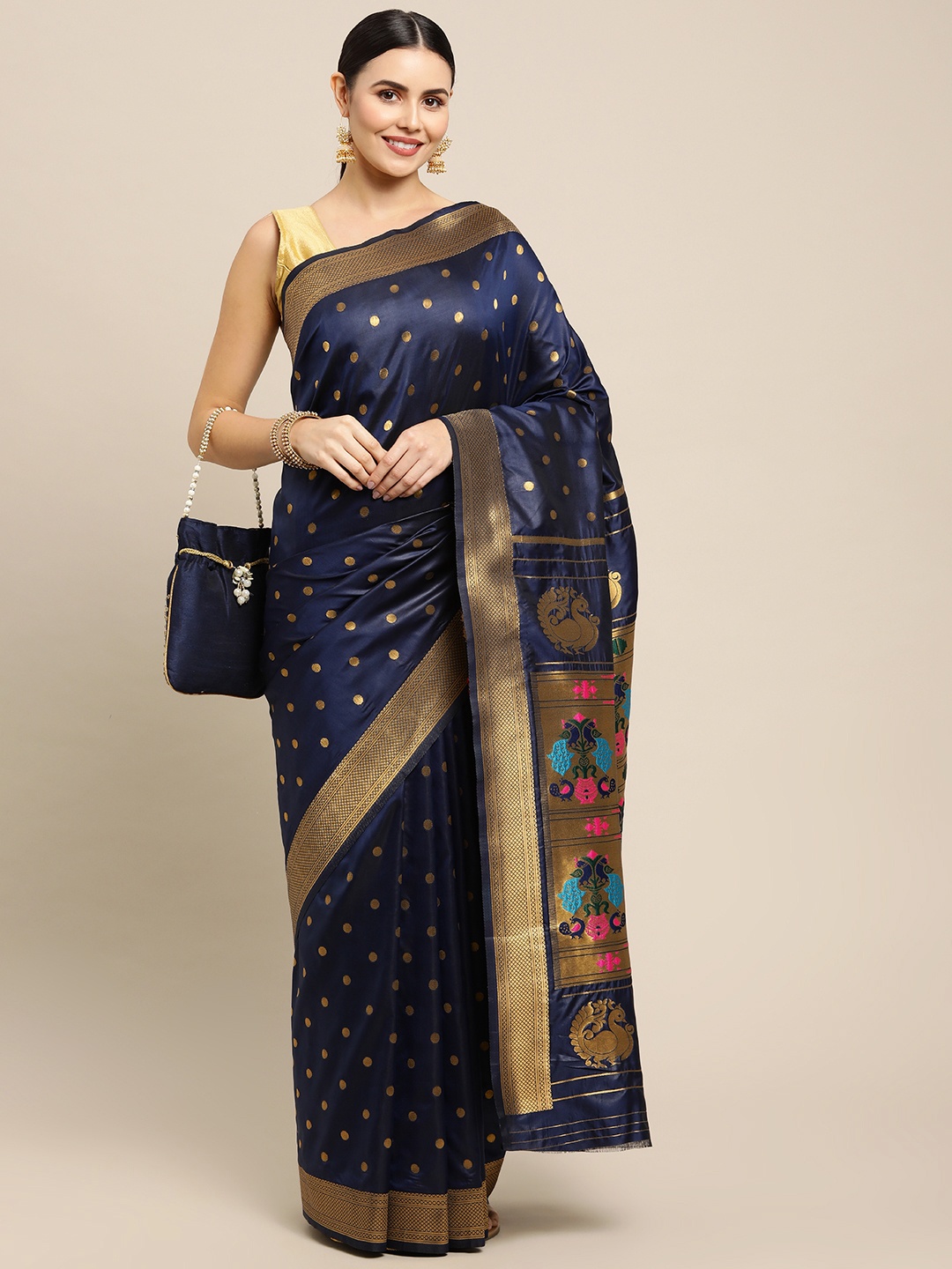 

Royal Rajgharana Saree Navy Blue & Gold Zari Silk Blend Celebrity Paithani Sarees
