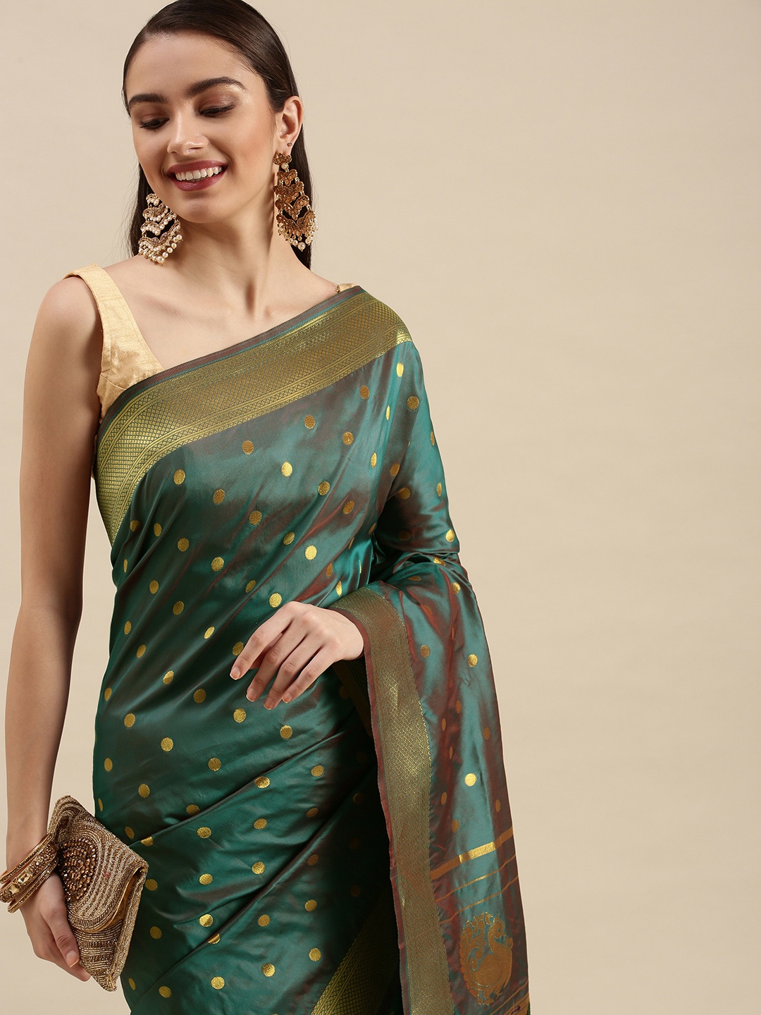 

Royal Rajgharana Saree Teal Green & Gold Polka Dot Zari Celebrity Paithani Sarees