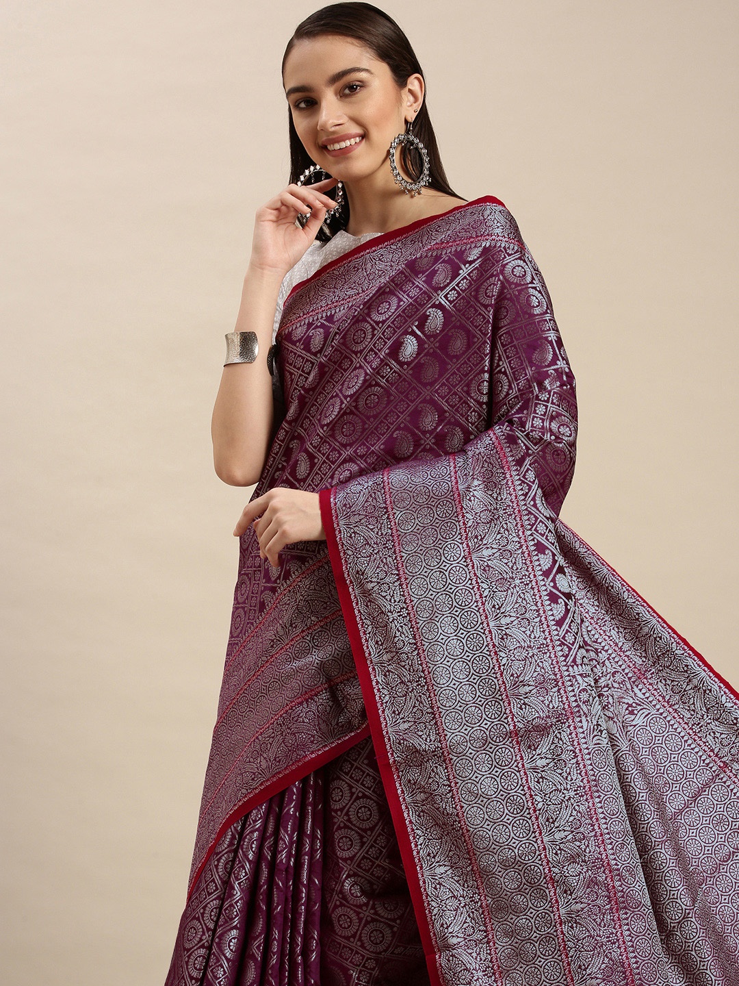 

Royal Rajgharana Saree Magenta & Silver Ethnic Woven Design Zari Celebrity Banarasi Sarees