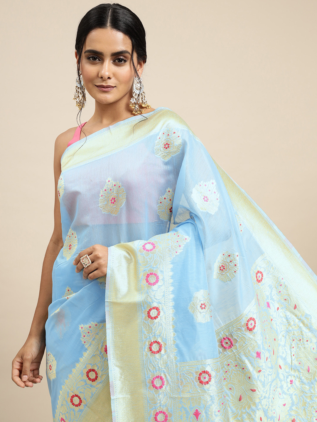 

Royal Rajgharana Saree Blue Ethnic Motifs Linen Blend Banarasi Sarees