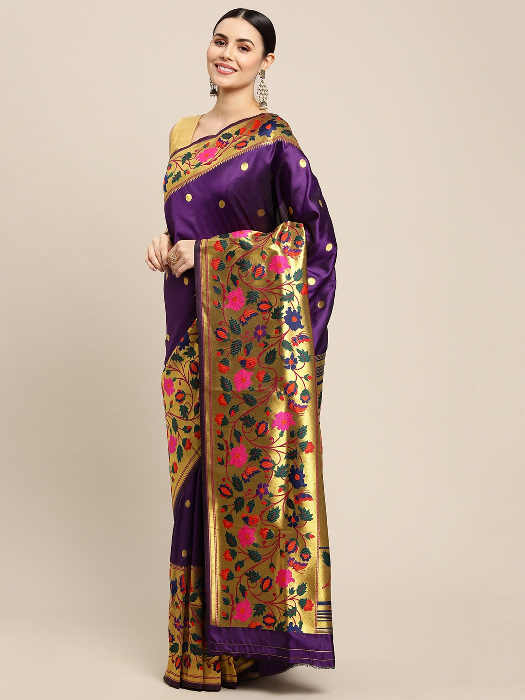 

Royal Rajgharana Saree Aubergine & Gold Zari Silk Blend Celebrity Paithani Sarees, Purple