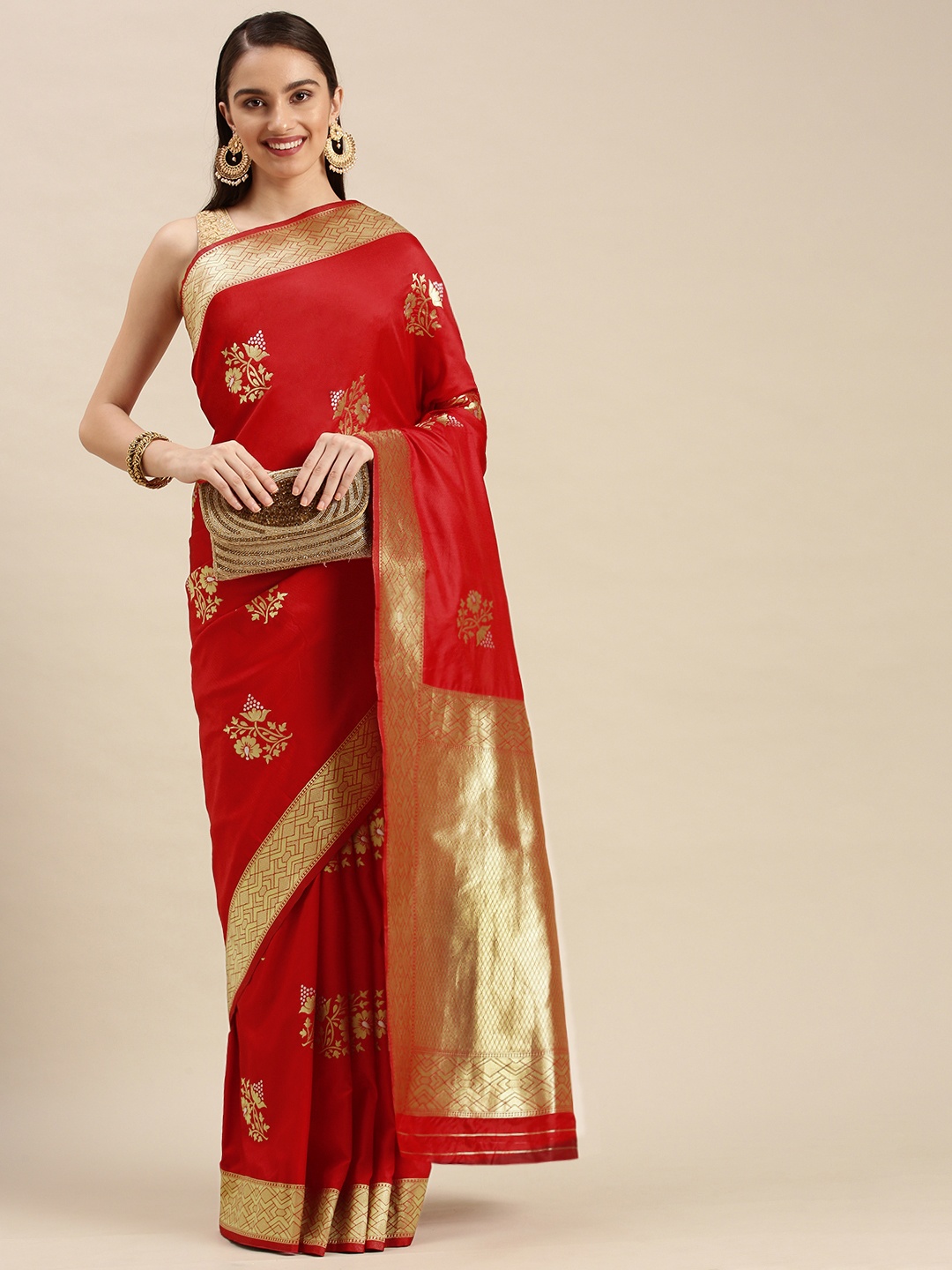 

Royal Rajgharana Saree Red & Gold Floral Zari Silk Blend Celebrity Banarasi Sarees