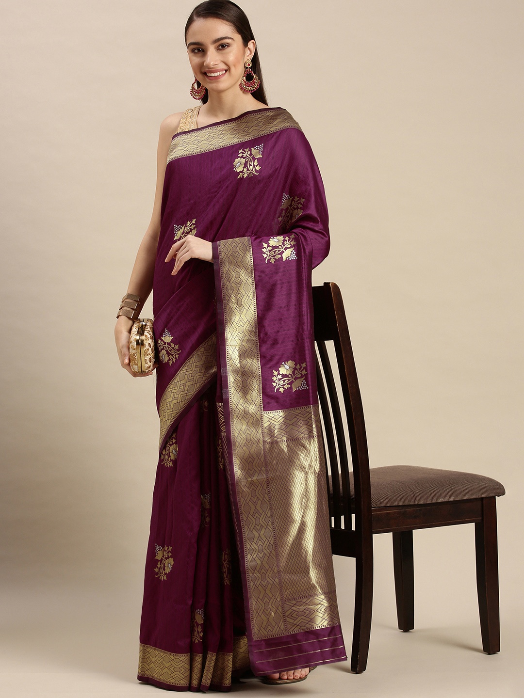 

Royal Rajgharana Saree Aubergine & Gold Floral Woven Design Zari Celebrity Banarasi Sarees, Purple