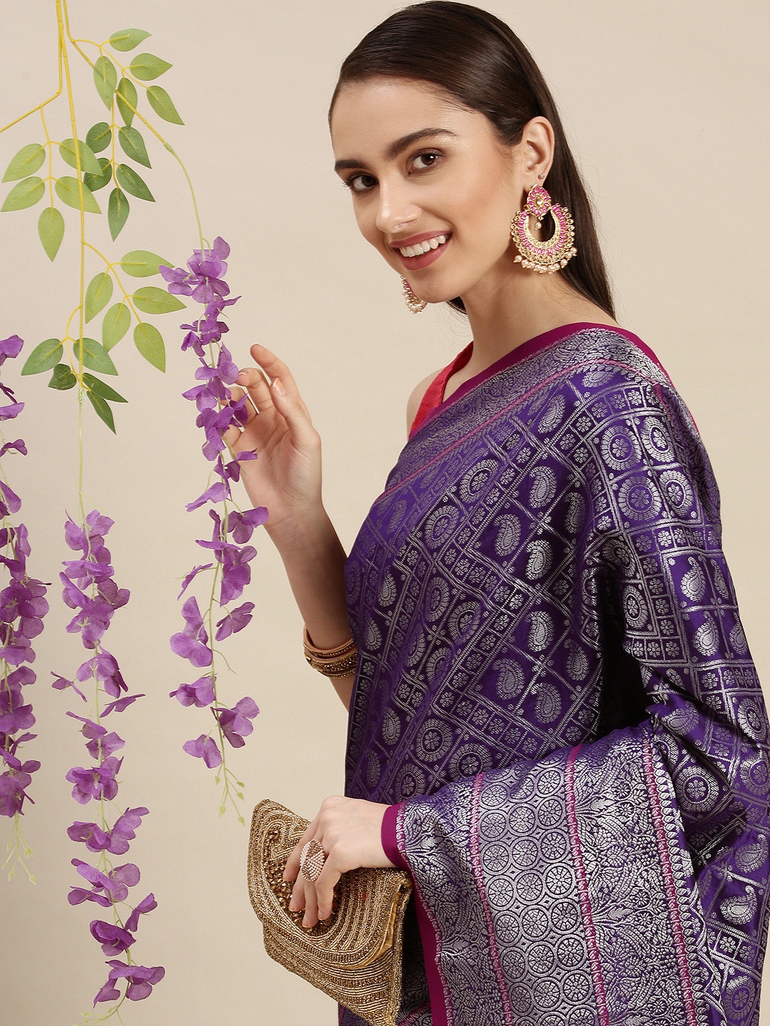 

Royal Rajgharana Saree Purple & Silver Ethnic Motifs Zari Celebrity Banarasi Sarees
