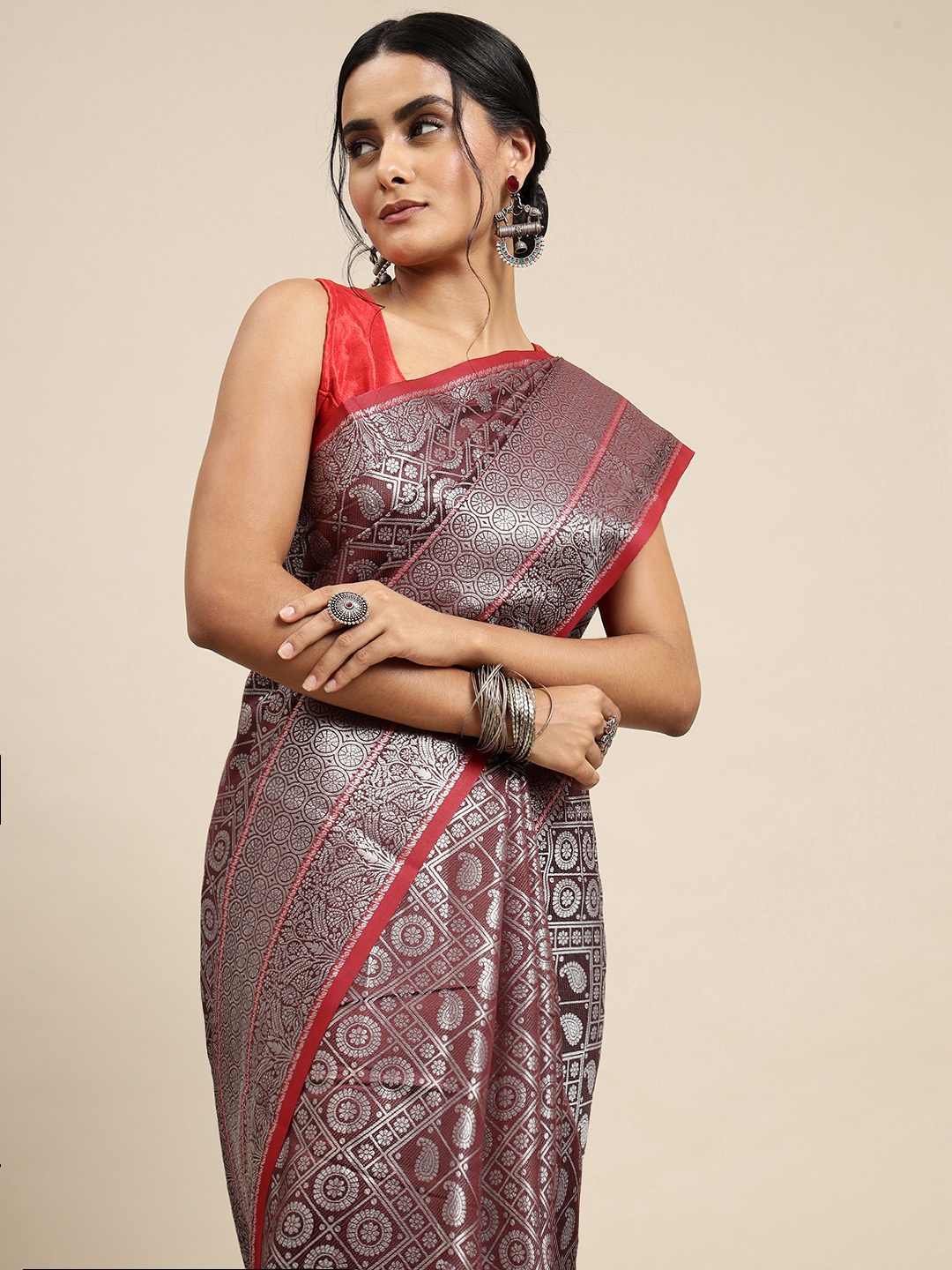

Royal Rajgharana Saree Maroon & Silver Woven Design Zari Silk Blend Banarasi Sarees