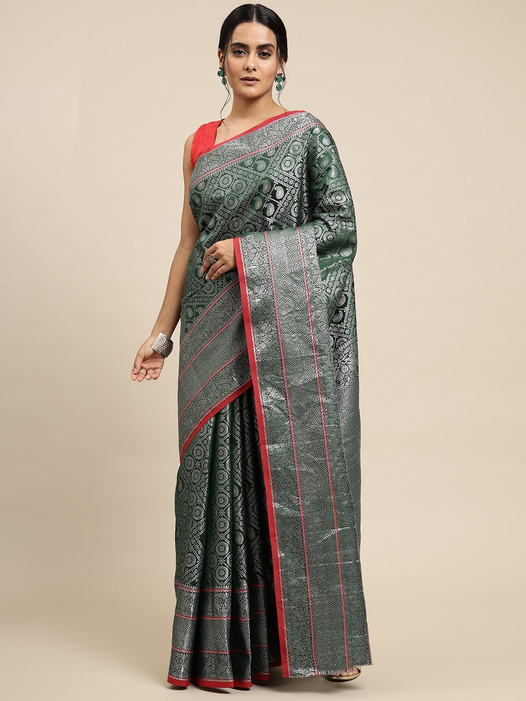 

Royal Rajgharana Saree Green & Silver Ethnic Motifs Silk Blend Banarasi Sarees