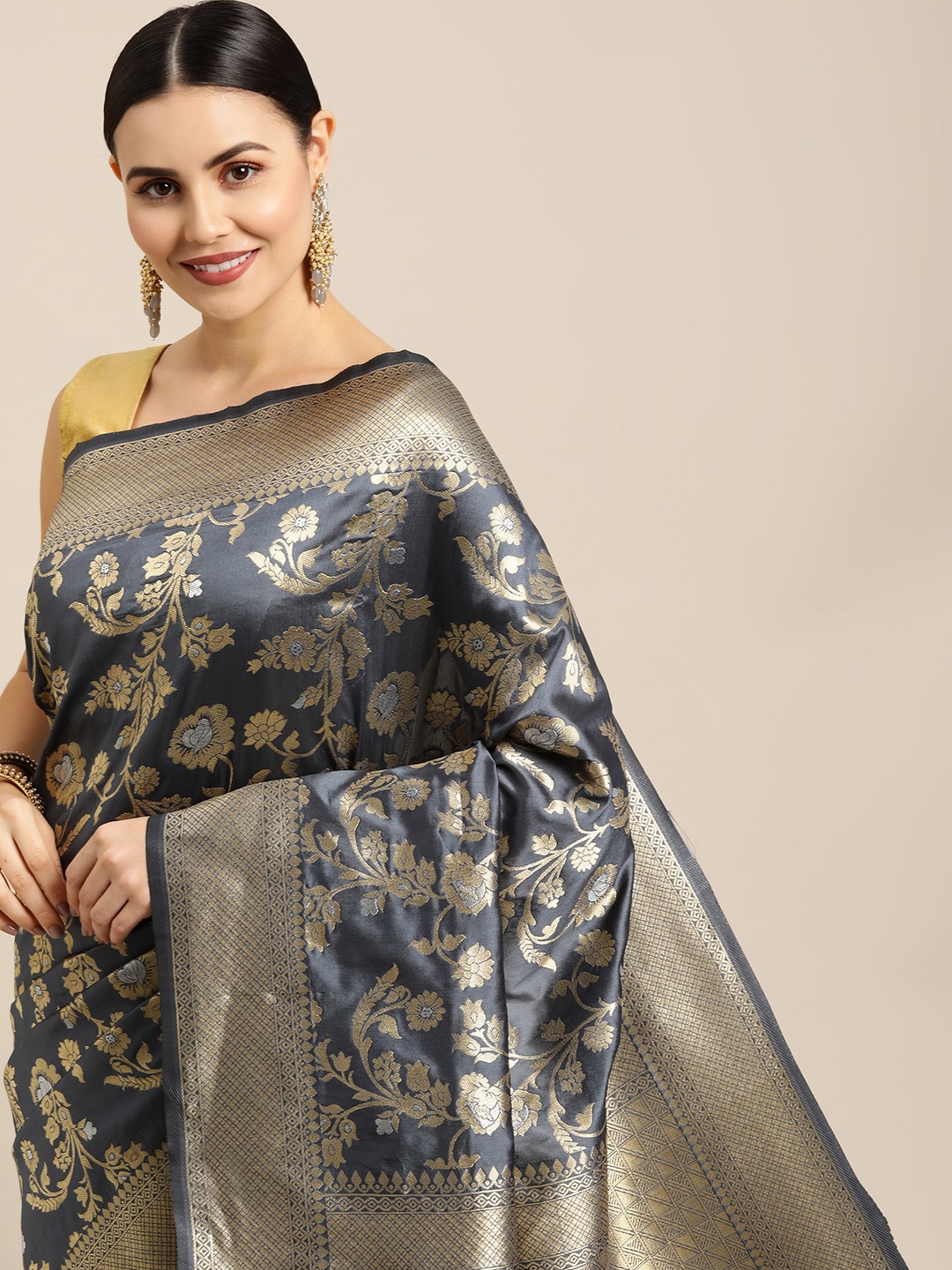 

Royal Rajgharana Saree Grey & Gold Floral Zari Silk Blend Celebrity Banarasi Sarees