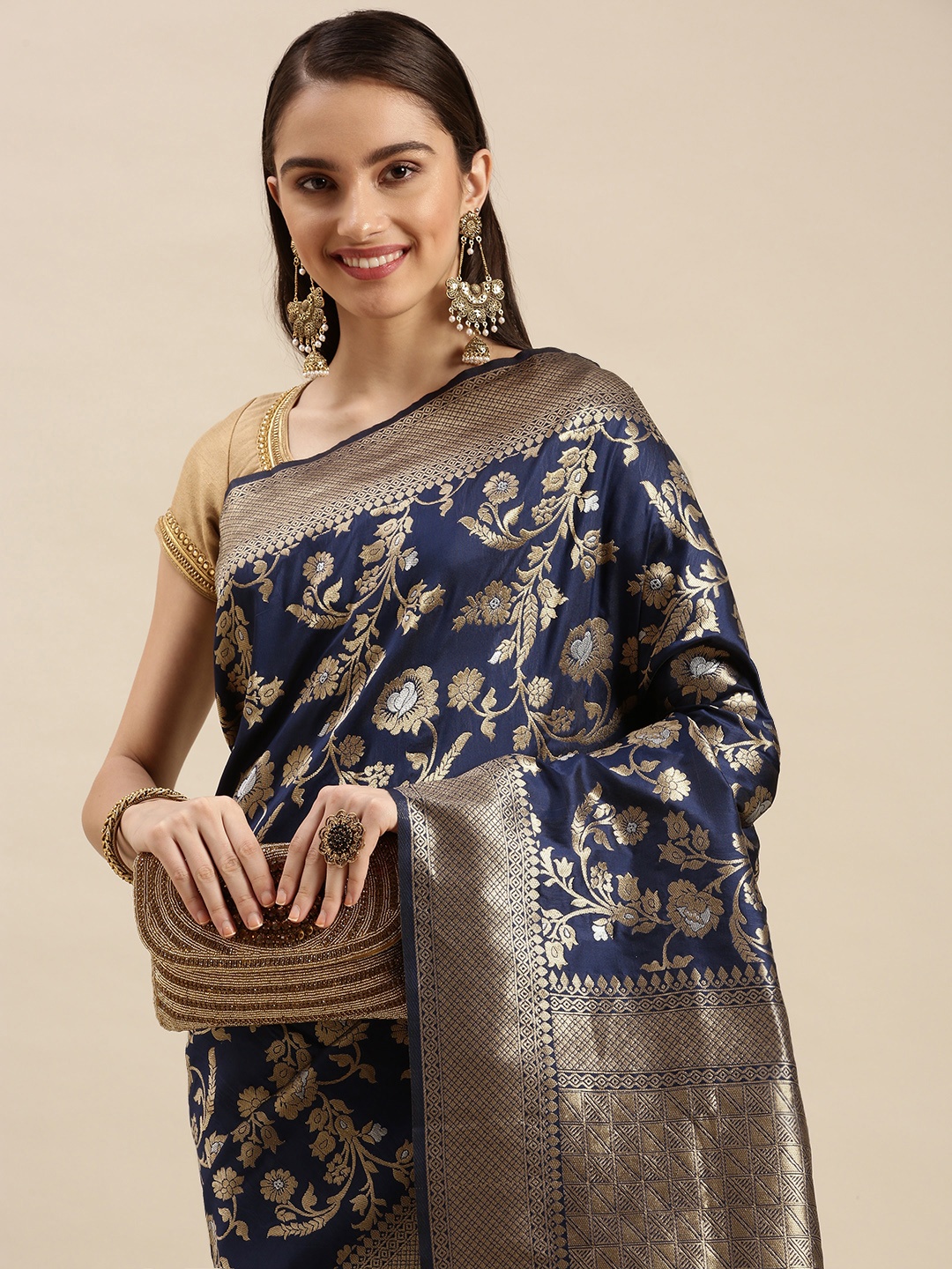 

Royal Rajgharana Saree Navy Blue & Gold Floral Zari Celebrity Banarasi Sarees