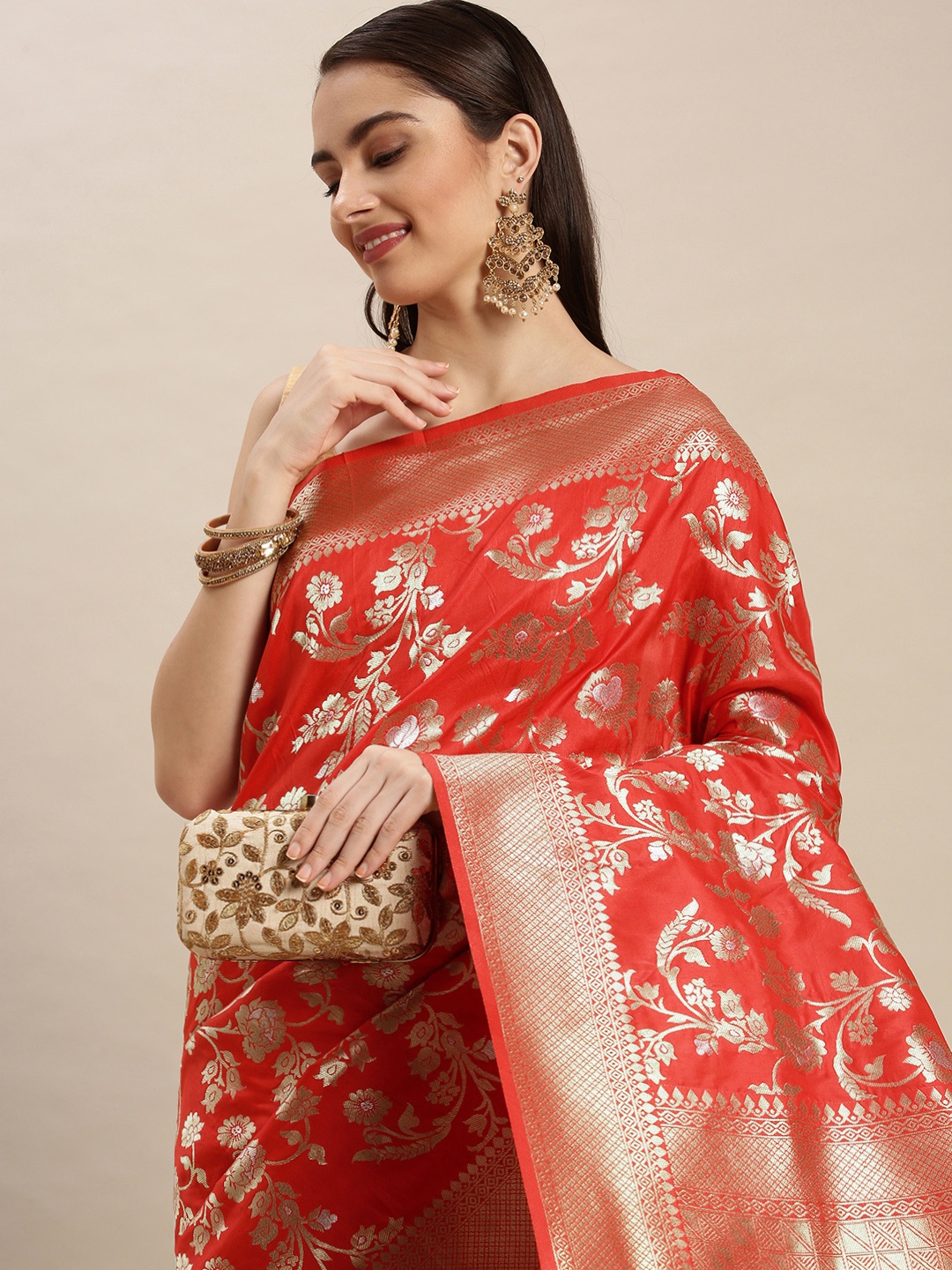 

Royal Rajgharana Saree Red & Gold Ethnic Motifs Zari Silk Blend Celebrity Banarasi Sarees