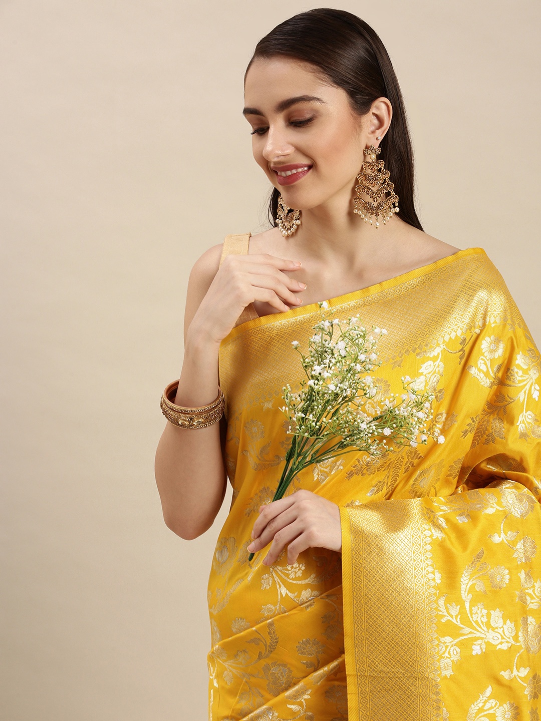 

Royal Rajgharana Saree Mustard Yellow & Gold Floral Zari Celebrity Banarasi Sarees