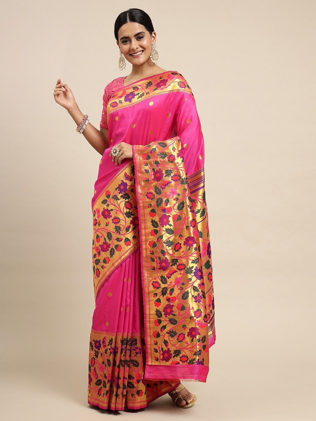 

Royal Rajgharana Saree Pink Floral Silk Blend Paithani Sarees