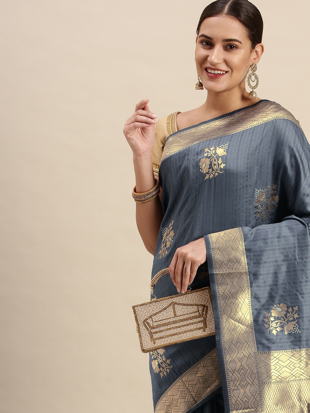 

Royal Rajgharana Saree Grey & Gold-Toned Floral Zari Silk Blend Celebrity Banarasi Sarees