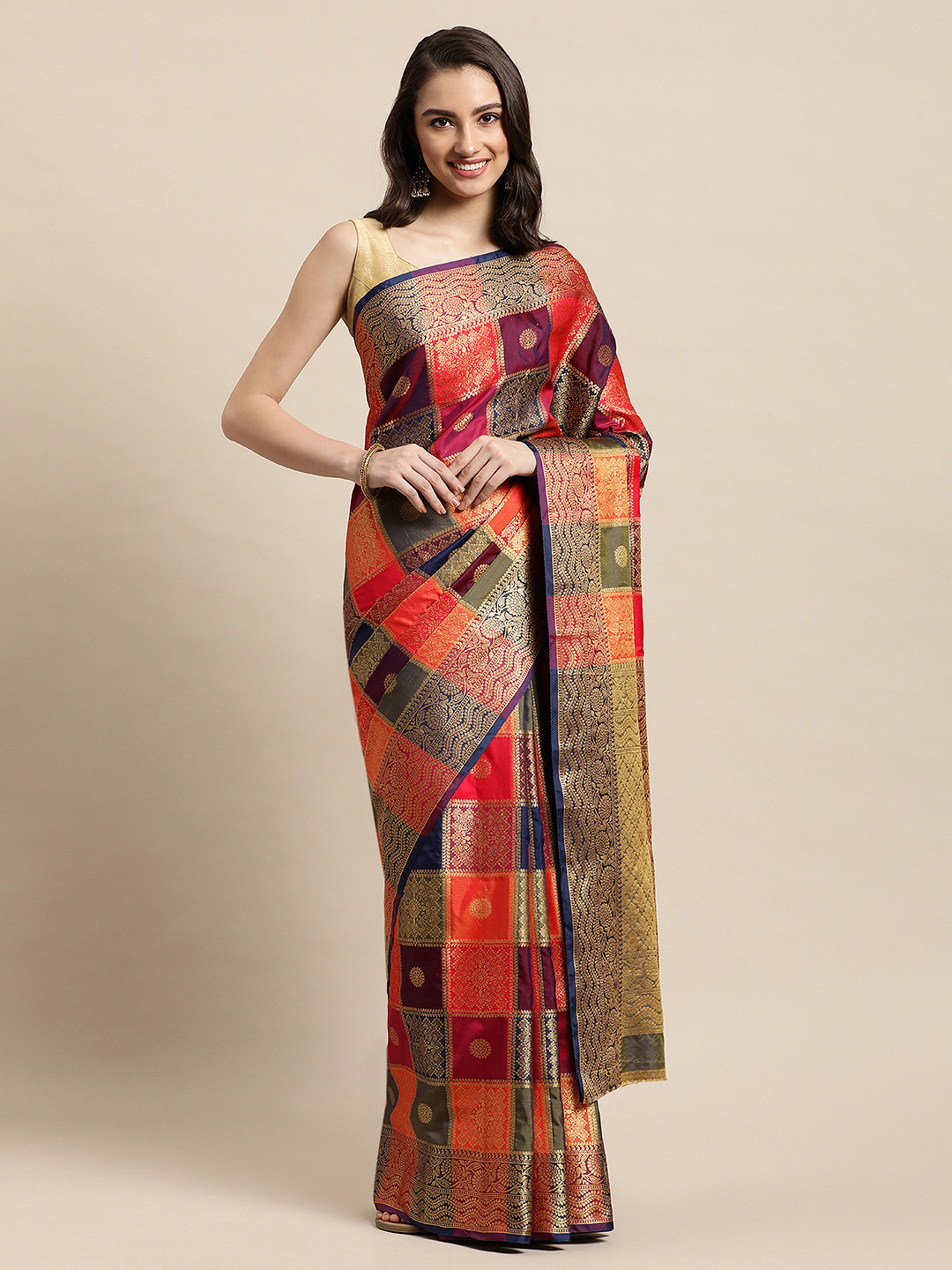 

Rivana Blue & Magenta Woven Design Zari Silk Blend Banarasi Saree