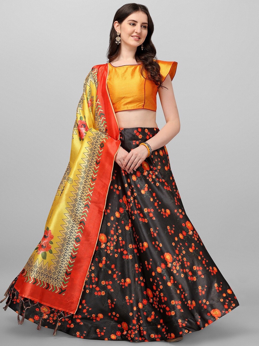 

Fashion Basket Women Black & Orange Semi-Stitched Lehenga & Unstitched Blouse With Dupatta