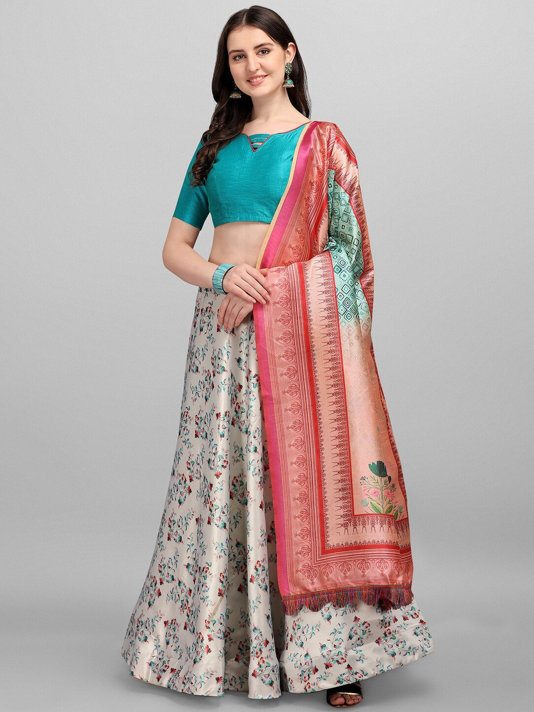 

Fashion Basket Beige & Blue Semi-Stitched Lehenga & Unstitched Blouse With Dupatta