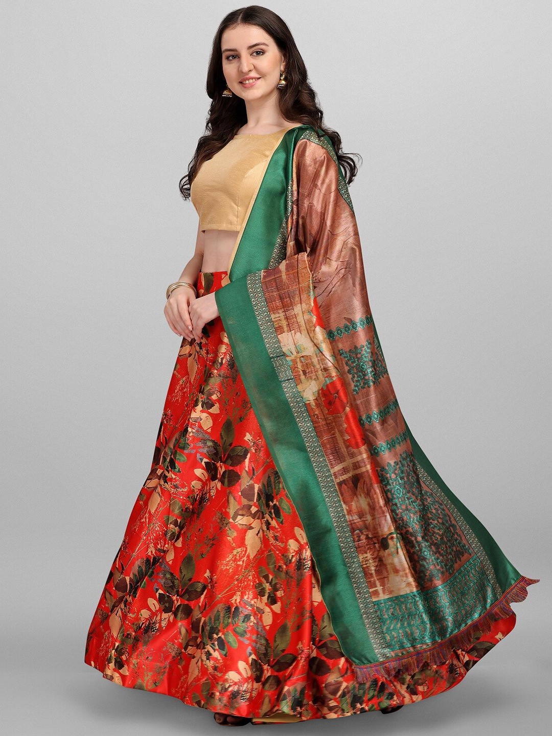 

Fashion Basket Red & Green Semi-Stitched Lehenga & Unstitched Blouse With Dupatta