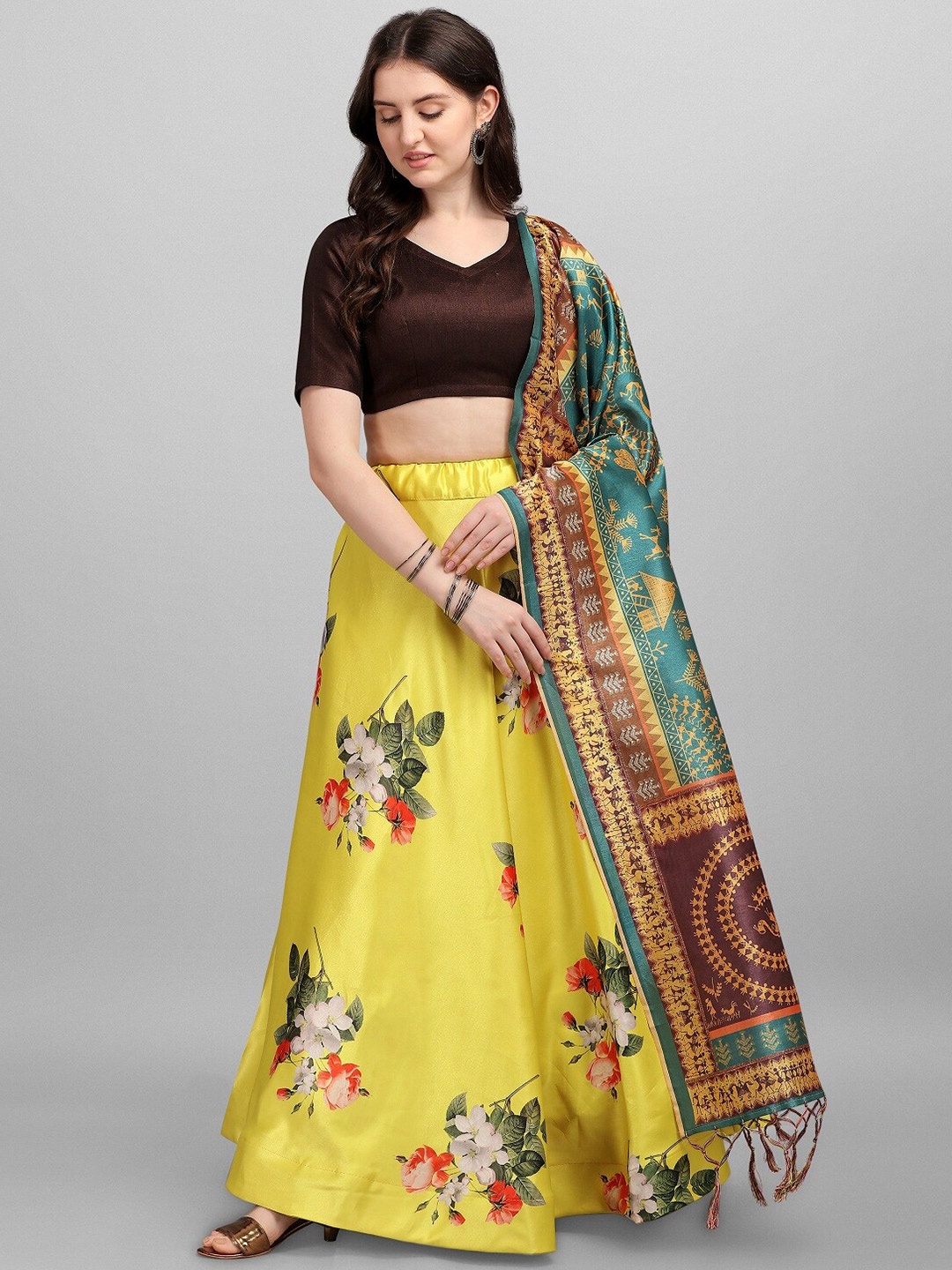 

Fashion Basket Yellow & Purple Semi-Stitched Lehenga & Unstitched Blouse With Dupatta